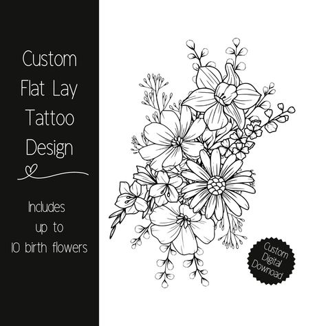 Types Of Flower Tattoos Design, Birth Flower Tattoos Flat Lay, Flat Lay Birth Flower Tattoo, Shoulder Birth Flower Tattoo, Birth Flower Tattoos Placement Arm, Birth Flower Shoulder Tattoos, Multiple Birth Flower Tattoo, Birth Flower Sleeve Tattoo, Kids Birth Flower Tattoo Ideas