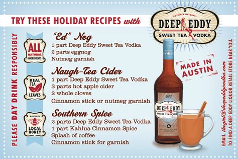 Deep Eddy Sweet Tea Vodka Holiday Recipes. Sweet Tea Vodka Drinks, Deep Eddy Vodka Recipes, Holiday Drink Recipes, Deep Eddy Vodka, Sweet Tea Vodka, Sweet Tea Recipes, Cider Making, Holiday Drink, Vodka Recipes