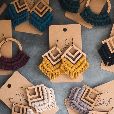 Macrame Branding, Macrame Earrings Diy, Diy Macrame Necklace, Diy Macrame Earrings, Laser Engraved Earrings, Handwoven Earrings, Wood Jewelery, Earring Kit, Macrame Patterns Tutorials