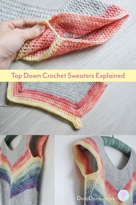 Easy Top Down Crochet Sweater Pattern, Easy Top Down Crochet Sweater, Thick Crochet Sweater, Top Down Crochet Pattern, How To Crochet A Sweater Tutorials, Crochet Sweater Top Down, Crochet Pullover Sweater Pattern Free, Crochet Top Down Sweater Free Pattern, Crochet Top Down Cardigan