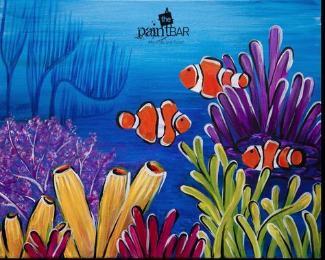 Under The Sea Drawing, The Sea Drawing, Under The Sea Drawings, Coral Painting, Kids Canvas Painting, Sea Drawing, Sea Creatures Art, Fish Artwork, Underwater Painting