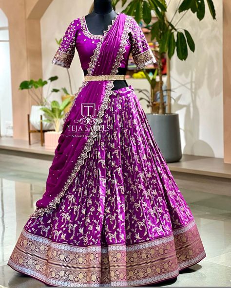 Benaras Half Sarees, Banaras Lehenga Designs, Half Saree Lehenga Wedding, Trendy Half Saree Designs, Benaras Lehangas, Half Saree Designs South Indian, 80s Dress Up, Pink Half Sarees, Simple Lehenga