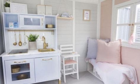 Mum's DIY cubby house renovation is every kids dream Cubby House Ideas Interior, Cubby House Interior, Diy Cubby House, Playroom Playhouse, Playhouse Interior Ideas, Treehouse Decor, Kid Playhouse, Cubby House Ideas, House Ideas Interior