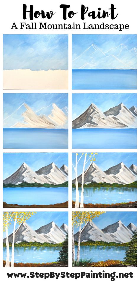 How To Paint “Mountain Morning” Fall Landscape Painting Ideas Step By Step Easy, Nature Step By Step Painting, How To Paint Mountains And Trees, Step By Step Painting Mountains, Acrylic Painting Ideas Landscape Mountains, Easy Landscape Pictures To Paint, Beginner Scenery Painting, Scenery Painting Step By Step, 1 Hour Painting