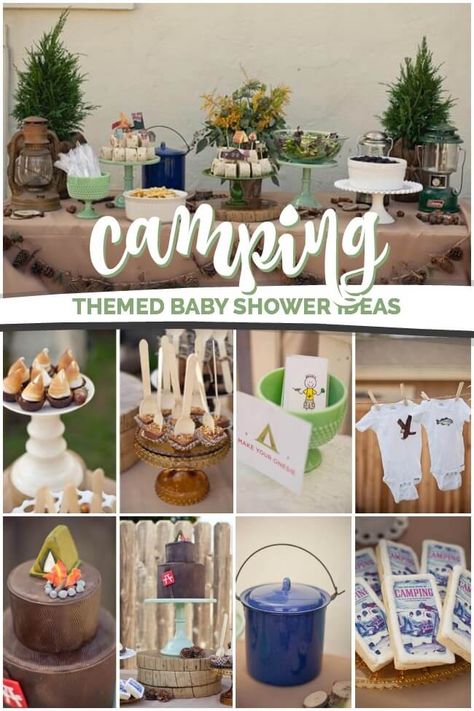 A Rustic Chic Boy’s Camping Themed Baby Shower Adventure Baby Shower Theme, Camping Baby Shower Theme, Camping Baby, Adventure Awaits Baby Shower, Adventure Baby Shower, Camping With A Baby, Boy Baby Shower Ideas, Outdoor Baby Shower, Adventure Baby