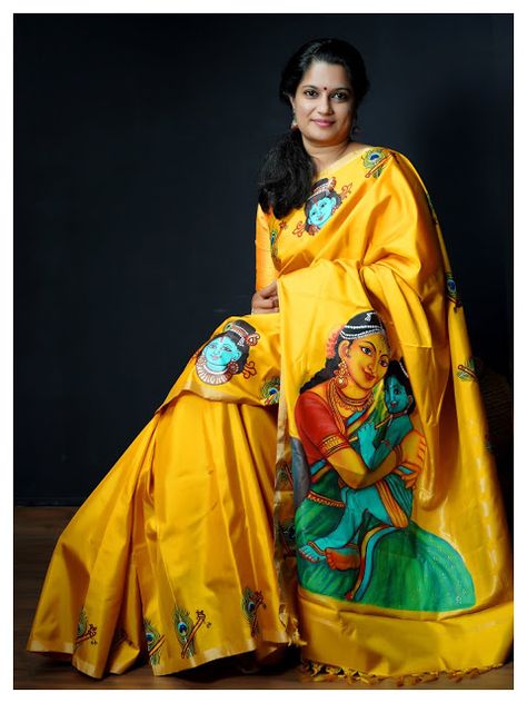 VEDA COLLECTIONS: 1. SILK SAREE Painted Saree, Saree Painting Designs, Kalamkari Designs, Designer Sarees Wedding, Saree Painting, Fabric Painting On Clothes, Kerala Saree, Cotton Saree Designs, Fabric Paint Designs