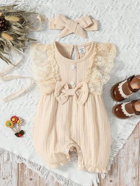 Baby Lace Ruffle Trim Bow Front Romper | SHEIN USA Baby Lace, Belted Romper, Cotton Romper, Girl Onesies, Lace Ruffle, Girls Rompers