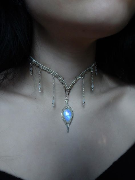 Silver And Stone Jewelry, Diy Crystal Jewelry, Glowing Jewelry, Elven Necklace, Chandelier Necklace, Necklace Fairy, Winnipeg Wedding, Sterling Silver Choker, Fairy Jewelry