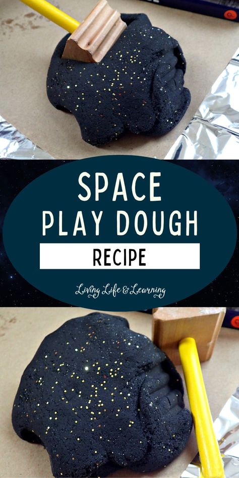 Our new favorite is this Outer Space Inspired Play-Dough Recipe. It is easy to make, has a fun color & sparkle, and can lead to fun activities all about outer space! Night Sky Sensory Bin, Make Your Own Planet Project, Space Week Ideas, Neptune Preschool Activities, Solar System Montessori Activities, Dream Activities For Kids, Space Tough Tray Ideas, Sensory Space Activities, Early Years Space Activities