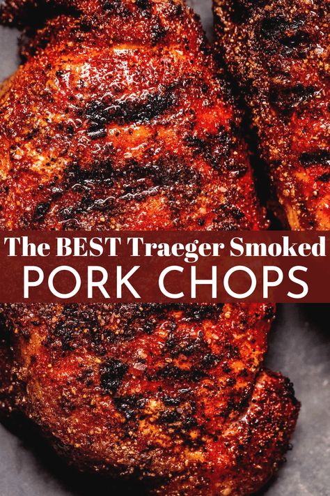 This Traeger Pork Chops recipe is a simple hands-off cooking method. You’ll be indulging in tender and smoky pork throughout grilling season! // boneless // bone in // smoked Pork Chop Injection Recipes, Grilling Bone In Pork Chops, Best Smoked Pork Chops, Traeger Pork Steaks, Traeger Pork Chops Bone In, Pork Chop Traeger Recipes, Smoked Bbq Pork Chops, Pork Chops On Traeger Grill, Pork Chops Smoker Recipes