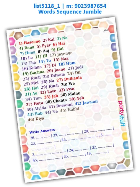 Bollywood Theme Games, Game Paper, Jumbled Words, Bollywood Theme, Kitty Party Games, Funny Quotes In Hindi, Ticket Card, Games Design, Paper Games