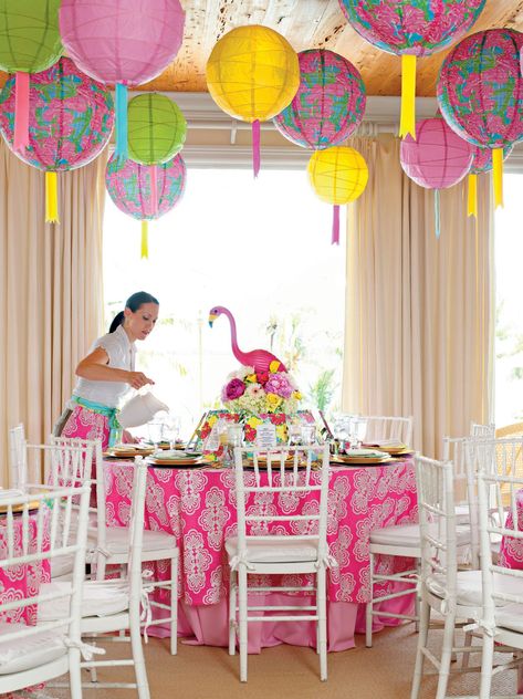 Lilly Party, Barn Party, Preppy Party, Hanging Paper Lanterns, Lilly Pulitzer Inspired, Theme Classroom, Round Tables, Flamingo Party, Paper Lantern