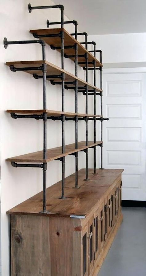 45+ DIY Pantry Shelves Built with Pipe & Fittings | Simplified Building Canada Regal Industrial, Diy Pipe Shelves, Pipe Decor, Muebles Living, Regal Design, Retail Shelving, Pipe Furniture, Pipe Shelves, Trendy Kitchen