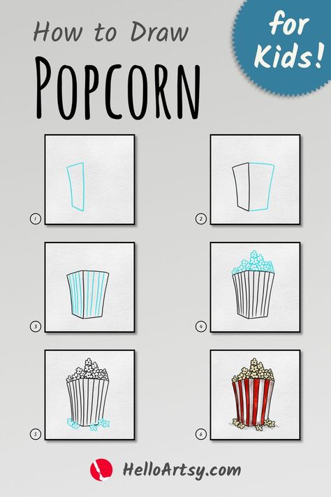 Step by step images demonstrating  How to Draw Popcorn - A Drawing Lesson for Beginners! Popcorn Drawing Simple, How To Draw Popcorn, Popcorn Drawing, Bugs Drawing, Draw Food, Draw A Box, Popcorn Tub, Draw Doodles, Full Drawing