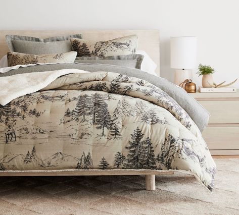 Rustic Forest Sherpa Comforter | Pottery Barn Rustic Farmhouse Duvet Cover, Forest Bedroom, Holiday Bed, Pottery Barn Christmas, Cabin Bedroom, Neutral Christmas Decor, Christmas Bedding, Queen Duvet, Cabin Decor