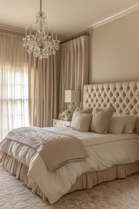 Silk Drapes, Sage Green Bedroom, Beige Bedroom, Classy Bedroom, Tranquil Retreat, London Flat, Woman Bedroom, Inspire Me Home Decor, Tufted Headboard