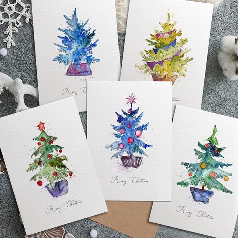 A beautiful, bright and colourful set of 5 Folded Christmas Greeting Cards printed on luxury hammered cardstock with Envelopes. The pack includes watercolour designs of Christmas trees in different colours and designs (all shown in first photo). Purchasing options: -set of 5 (1 card each of 5 different designs + 5 envelopes) -set of 10 (2 cards each of 5 different designs + 10 envelopes) The cards can be purchased in one size: A6 size - 148 x 105mm (5-7/8 in x 4-1/8) (when folded) Each card is p Luxury Christmas Cards, Painted Christmas Cards, Christmas Card Art, Watercolor Christmas Cards, Art Carte, Christmas Tree Cards, Watercolor Christmas, Christmas Tree Design, Daily Drawing