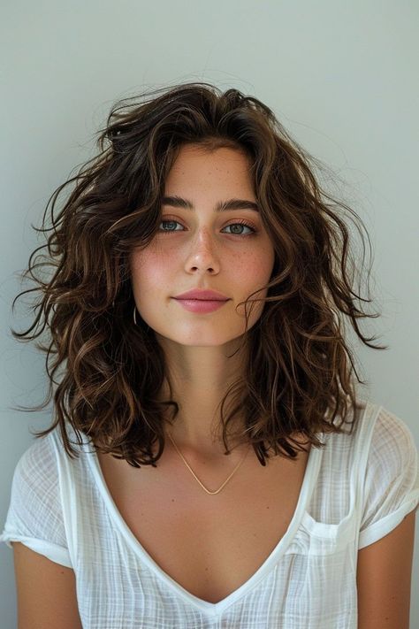 Medium Length Wavy Hair Curtain Bangs, Collarbone Length Hair With Layers Curly, Medium Short Hairstyle Women Wavy Hair, Hairstyles Curls Medium, Haircuts To Bring Out Natural Waves, Wavy Hair Collarbone Length, Below Shoulder Curly Hair, Shaggy Hair Without Bangs, 90s Haircuts Wavy Hair