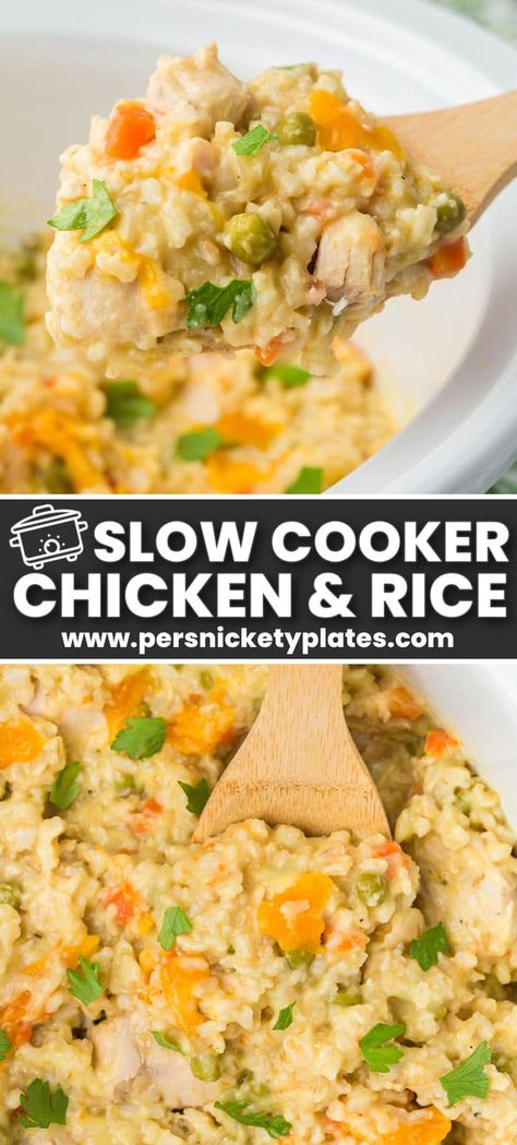 Slow Cooker Chicken & Rice is a classic dinner idea for the whole family made right in your crockpot. Creamy rice mixed with tender chicken and veggies makes an easy meal that is sure to be a hit. Vegetable Crockpot Recipes, Slow Cooker Chicken And Rice, Crockpot Rice Recipes, Slow Cooker Chicken Rice, Chicken And Rice Crockpot, Slow Cooker Chicken Casserole, Quick Crockpot Meals, Persnickety Plates, Crockpot Chicken Healthy