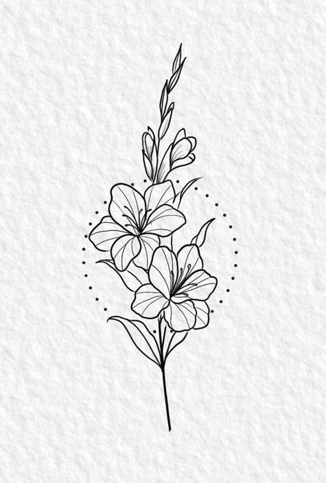 Gladiolus Tattoo Minimalist, Gladius Flower Drawing, Gladolias Tattoo, Narcissus Flower Tattoo Stencil, Gladioli Flower Drawing, Gladiolus Flower Line Art, Fine Line Morning Glory Flower Tattoo, Gladiolus Back Tattoo, Red Gladiolus Tattoo