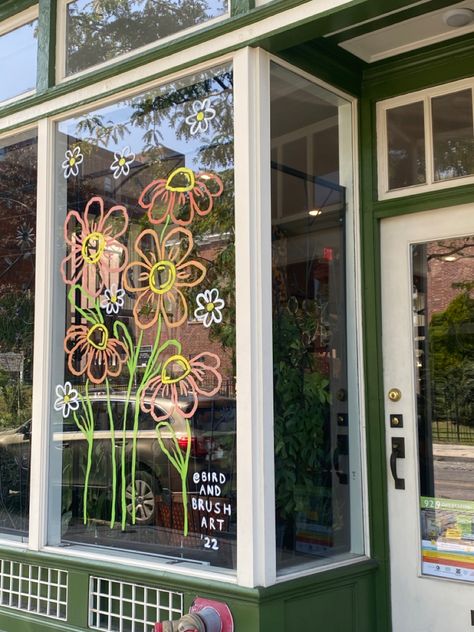 Cafe Window Painting, Mother’s Day Window Painting, Spring Window Drawing, Window Display Art, Spring Window Ideas, Spring Window Decor, Window Display Painting, Floral Window Painting, Posca Pen Window Art