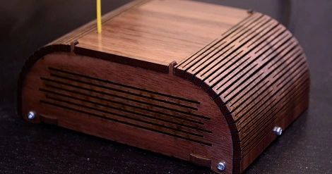 Bending Laser Cut Wood Without Steam Or Forms | Hackaday Arduino Radio, Steam Box, Steam Bending Wood, Laser Cut Lamps, Living Hinge, How To Bend Wood, Walnut Plywood, Laser Cut Box, Bent Wood