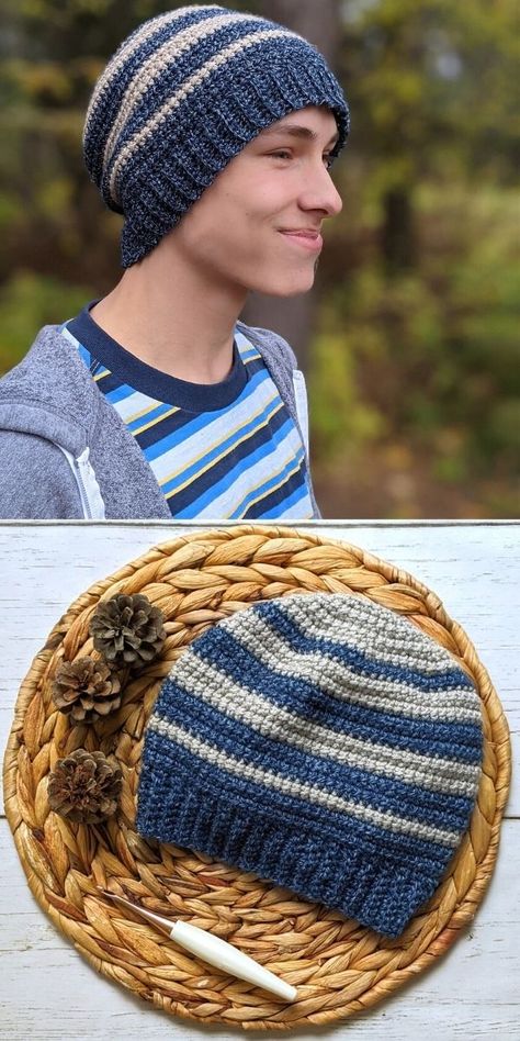 Crocheted Mens Hats, Crochet Men’s Slouchy Beanie, Crochet Man Beanie Pattern Free, Guys Crochet Hat, Free Crochet Boys Hat Pattern, Mens Toques Free Pattern, Crochet Hat Slouchy, Crochet Man Hat Free Pattern, Man Hat Crochet Pattern Free