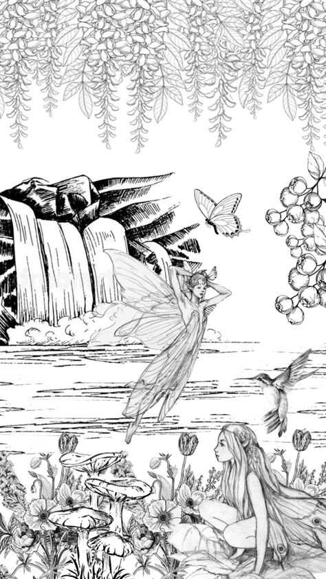 Fairyland. #fairies #handdrawn #aesthetic #blackandwhite #nature #fairy #fairyland Fairy Landscape Drawing, Fairy Garden Ideas Drawing, Fairyland Drawing, Fairy World Drawing, Fairy Forest Drawing, Fairy Land Drawing, Fairies Drawing, Sleeve Background, Fairytale Drawings