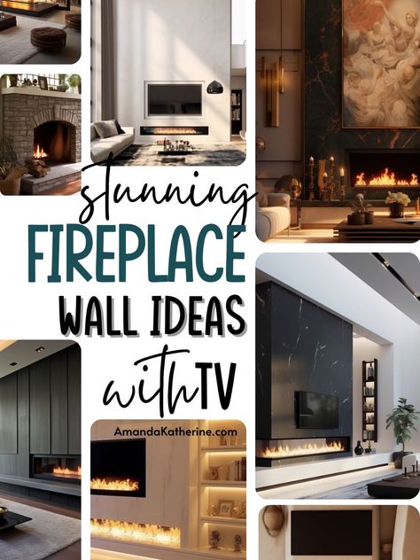 31 Stunning Fireplace Wall Ideas with a TV for your Living Room - Amanda Katherine Modern Classic Living Room Tv Wall With Fireplace, Black Wall With Fireplace And Tv, Tv Wall With Electric Fireplace Living Rooms, Electric Wall Mount Fireplace Ideas, Basement Living Room With Fireplace, Contemporary Living Room Fireplace, Electric Fireplace Tv Wall Modern Interior Design, Family Room Design With Fireplace And Tv, Built In Tv Fireplace Wall