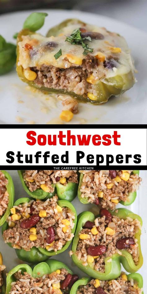 These easy Southwest Stuffed Peppers are filled to the brim with ground beef, rice, beans, corn, salsa and Mexican-inspired spices. They’re colorful, delicious, filling and can even be prepped ahead of time. #thecarefreekitchen #mexican #texmex #southwestern #peppers #stuffedpeppers #groundbeef #rice #dinner Rice Beans Corn, Southwest Stuffed Peppers, Barbecue Recipes Grill, Stuffed Peppers With Rice, Southwest Recipes, Best Vegetable Recipes, Ground Beef Rice, Stuffed Peppers Recipe, Beef Rice