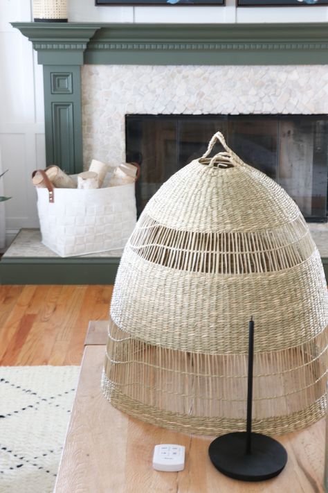 DIY Woven Pendant Light Without Electricity-Torared Ikea Hack Basket Light Fixture Dining Room, Diy Light Fixtures Ceiling, Light Without Electricity, Lighting Without Wiring, Lighting Without Electricity, Basket Light Fixture, Ikea Pendant Light, Coastal Modern Farmhouse, Diy Hanging Light