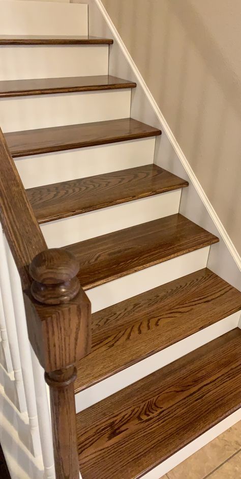 Stripped Wood Stairs, Redo Wood Stairs, Exposed Wood Stairs, Dark Stain Stair Treads, Wooden Stairs Renovation, Wood Top Stairs, Sanded Stairs, Diy Wood Stairs, Hardwood Upstairs