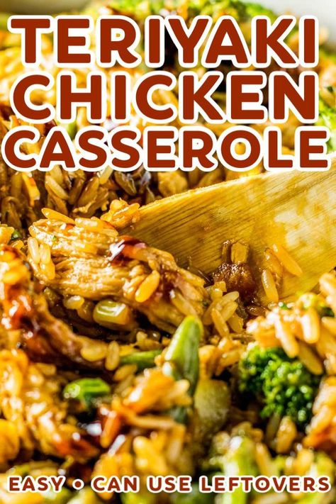 Teriyaki Chicken Casserole! Have your favorite Chinese takeout prepared in a different way: baked in a casserole dish with assorted veggies and fried rice. Perfect for leftovers! | HomemadeHooplah.com Rotisserie Chicken Chinese Recipes, Teriyaki Chicken And Rice Bake, Chinese Food Casserole, Teriyaki Chicken And Rice Casserole, Chinese Casserole Recipes, Asian Casserole, Casserole Recipes Chicken, Casserole Recipes Easy, Teriyaki Chicken Casserole