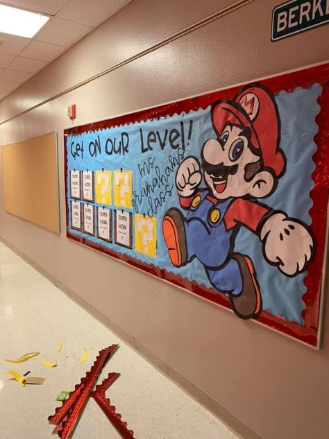 Game On Classroom Door, Arcade Bulletin Board, Super Mario Brothers Bulletin Board, Nintendo Switch Bulletin Board, Mario Brothers Bulletin Board Ideas, Mario Themed Bulletin Board, Mario Themed Classroom Bulletin Boards, Mario Level Up, Nintendo Bulletin Board