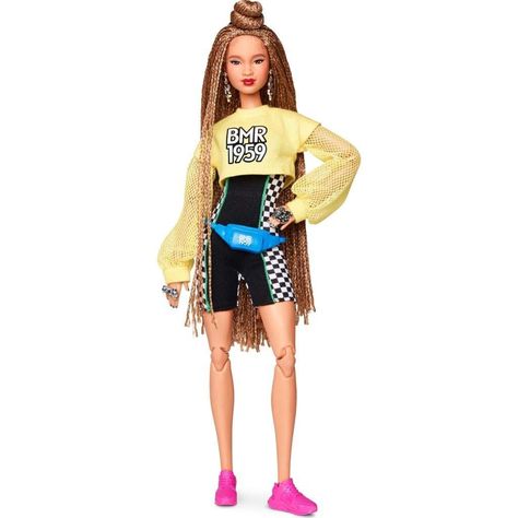 PRICES MAY VARY. BMR1959 celebrates the 60-year fashion legacy of Barbara "Barbie" Millicent Roberts with a collection that's all about self-expression and personal style. Bold, fully poseable BMR1959 dolls capture what's trending in streetwear, from high-low fashion mixes, re-imagined '90s gear to juxtaposed patterns, textures, and silhouettes. This BMR1959 doll wears a cropped sweatshirt over a bike shorts romper. Hot-pink athletic shoes and a blue waist bag tie in perfectly with glam accessor Barbie Doll Headband, Barbie Modern Knitting Patterns, Barbie Patterns Sewing Free Printable Clothes, Barbie Adult Clothing, Black Barbie Doll Dress, Trendy Sewing Patterns Barbie, Barbie Shorts Pattern Free, Barbie Doll Quilts, Barbie Skirt Sewing Pattern