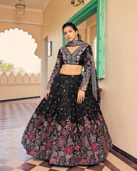 💫🌸Foux gorgette Fabric Sequnce with thread Work 3.5 MTR Flair Lehenga Choli🌸💫 😍Original Picture😍 💃 Lehenga Details 💃 ✔️Lehenga Fabric : Foux gorgette ✔️Lehenga Work : Sequnce with thread ✔️Lehenga Flair : 3.5 MTR *canvas patta & Cancan ✔️Lehenga Inner : Micro ✔️Lehenga Size : Up to 44" ✔️Lehenga Type : Semi-Stitch 💃 Blouse Details 💃 ✔️Blouse Fabric : Foux gorgette ✔️Blouse Work : Sequnce with thread ✔️Blouse Size : Up to 44 Unstitch 💃 Dupatta Details 💃 ✔️Dupatta Fabric : Foux g... Indian Wedding Bridesmaids, Black Lehenga Choli, Lehenga Choli For Women, Choli For Women, Black Lehenga, Indian Lehenga Choli, Reception Lehenga, Bollywood Lehenga, Indian Lehenga