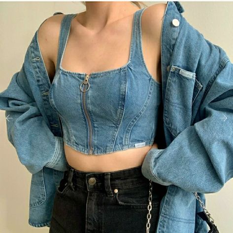 Blue Jean Corset Top Outfit, Denim Crop Top Outfit Ideas, Denim Corset Outfit Ideas, Denim Corset Top Outfit, Denim Crop Top Outfit, Jeans Corset Top, Denim Corset Outfit, Jean Corset, Favorite Color Blue