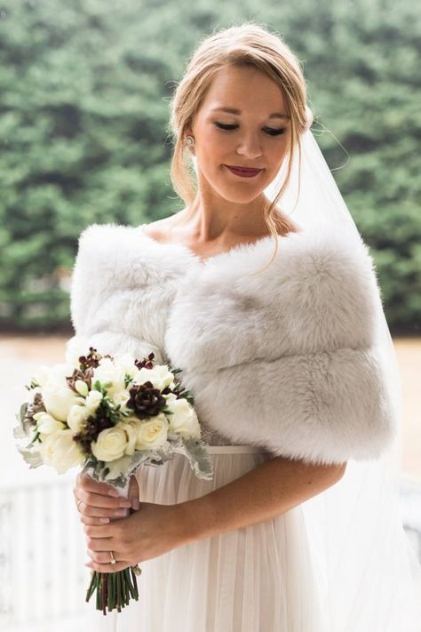 The Best Faux Fur Wraps for Weddings | Emmaline Bride Faux Fur Bridal Wrap, Fur Shawl Wedding, Faux Fur Wedding, Wedding Shawls, Bridal Fur, Fur Shrug, Black Tips, Wedding Fur, Faux Fur Stole