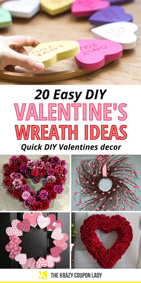 Sweet Shop Decoration Ideas, Wreath Using Foam Ring, Art Projects For Valentines Day, February Crafts For Adults Simple, Valentine Homemade Gifts, Diy Valentines Home Decor, Valentine’s Day Decor Ideas, Valentine Heart Wreath, Valentine Door Decorations For Home