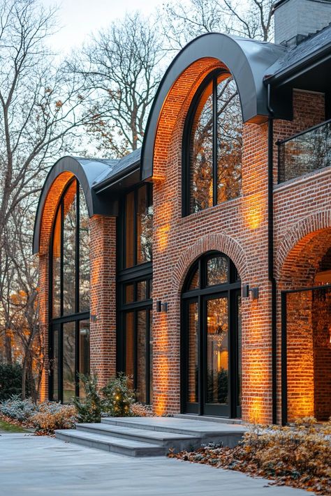 Brick house with glowing arches amid autumn foliage. Brick facade houses stand out like a flashy bow tie at a black-tie event. See why they might just be the charming exteriors you didn’t know you needed. Brick Facade Makeover, Modern Facade Design Apartment, Red Brick Garage, Brick House Black Trim, Brick Facade Architecture Modern, Red Brick Homes Exterior, Brick Facade Design, Modern Brick House Exterior, Red Brick Facade