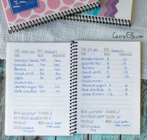 Calorie Counting Chart Bullet Journal, Calorie Journal Ideas, Food Tracking Journal, Calorie Journal, Food Journal Ideas, Calorie Counting Chart, Weight Watchers Points Chart, Weight Watchers Motivation, Food Journaling