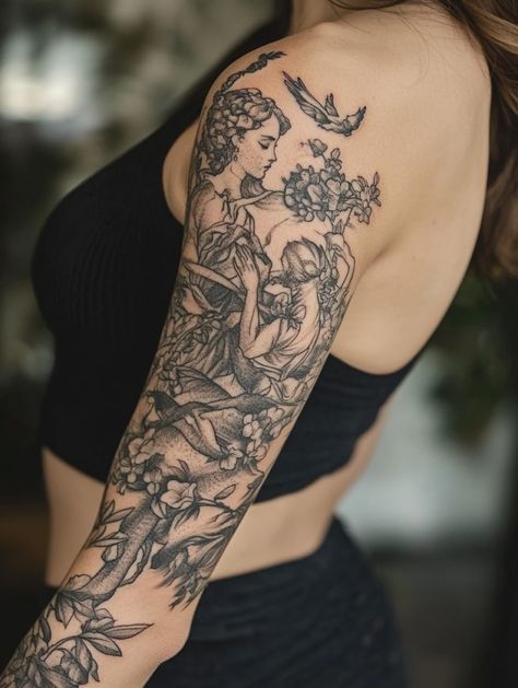 Explore Trendy and Chic Ladies Sleeve Tattoo Ideas for Your Next Beautiful Body Art Project Classy Full Sleeve Tattoo, Vintage Tattoo Sleeve Women, Garden Of Eden Tattoo Sleeve, Mid Sleeve Tattoo, Tattoo Cover Up Ideas For Women Arm Half Sleeves, Full Tattoo Sleeves For Women, Black Women Tattoos Sleeve, Woman Full Sleeve Tattoo, Botanical Tattoo Sleeve Vintage