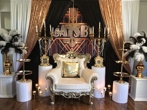 Gatsby Themed Photo Booth, Gatsby Graduation Party, Gatsby Backdrop Ideas, Gatsby Event Decor, Gatsby Themed Party Decorations, Great Gatsby Backdrop, Great Gatsby Decor, Great Gatsby Prom Theme, Masquerade Party Themes