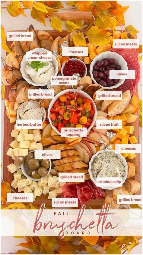 Charcuterie Board Bruchetta, Bruschetta Board Ideas, Fall Bruschetta, Bruschetta Party, Bruschetta Board, Finger Foods Easy Party, Fresh Bruschetta, Autumn Gathering, Fall Appetizers Easy