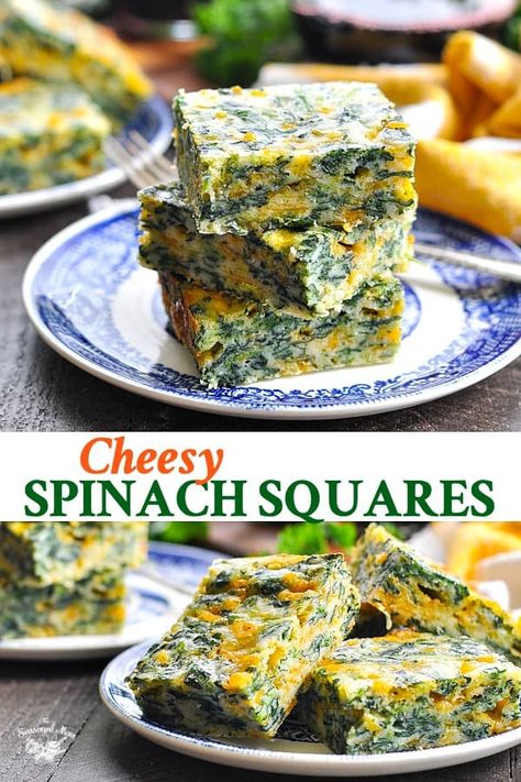 Spinach And Cheese Biscuits, Baked Spinach Recipes, Spinach Cheese Squares, Spinach Squares Appetizers, Easy Vegetarian Finger Foods, Spinach Bars, Spinach Balls Appetizer, Spinach Squares Recipe, Spinach Brownies Recipes