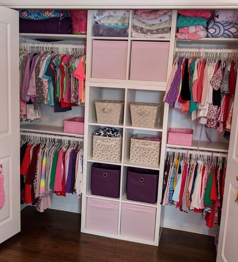 New updated DIY closet using IKEA Kallax storage Shared Room Closet Organization, Childs Closet Organization Ideas, Kids Room Closet Storage, Hack My Home Ideas, Shared Bedroom Closet Organization, Creative Clothing Storage Bins, Girls Bedroom Closet Ideas, Kallax Ikea Closet, Ikea Kallax In Closet