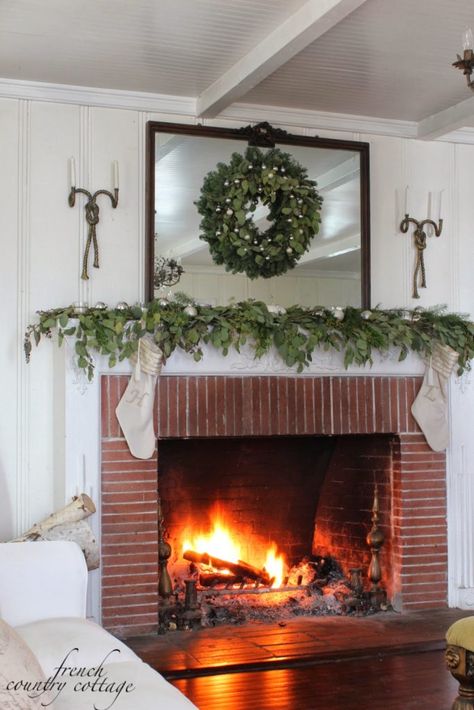 Decking the halls ~Holiday Housewalk Home Tour - French Country Cottage Asymmetrical Mantle, Table Vignettes, Farmhouse Family Rooms, Mantle Garland, Dear Lillie, Cottage Christmas, Farmhouse Holiday, Yellow Houses, Christmas Mantels