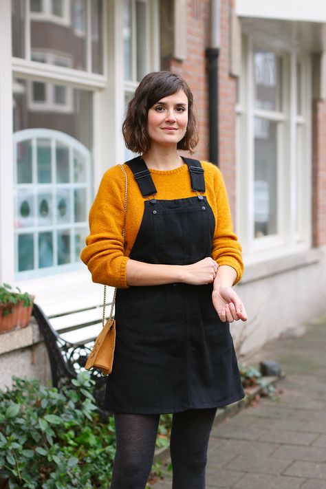 Mustard yellow jumper & pinafore dress - Mango & Salt Yellow Knit Cardigan Outfit, Mustard Jumper Outfit, Jumper Over Dress Outfit, Mustard Yellow Outfit Fall, Yellow Outfit Casual, Mustard Yellow Dress Outfit, Yellow Jumper Outfit, Pinafore Outfit, Mustard Jumper