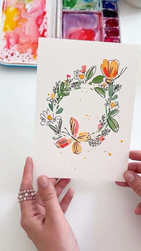 Easy and fun wreath using watercolor with summer vibes 🌿🦋 🌼🥰 #watercolor #watercolortutorial #inspiration #watercolorillustration #craft… | Instagram Lavender Paint, Diy Instagram, Fun Wreath, Watercolor Paintings For Beginners, Watercolor Flower Art, Diy Watercolor, Wreath Watercolor, Watercolor Art Lessons, Easy Watercolor