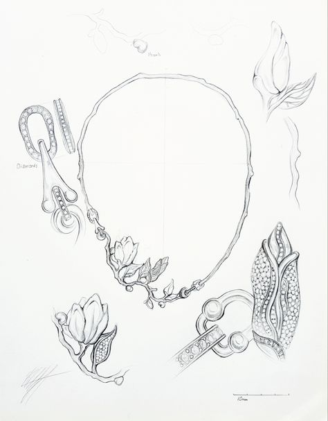 Magnolia Flower Jewelry, Jewelry Design Drawing Necklaces, Jewellery Design Sketches For Beginners, Jewelry Illustration Design, Painting Mood Board, Jewelry Design Sketch, Mood Board Spring, Necklace Sketch, Flower Sketchbook